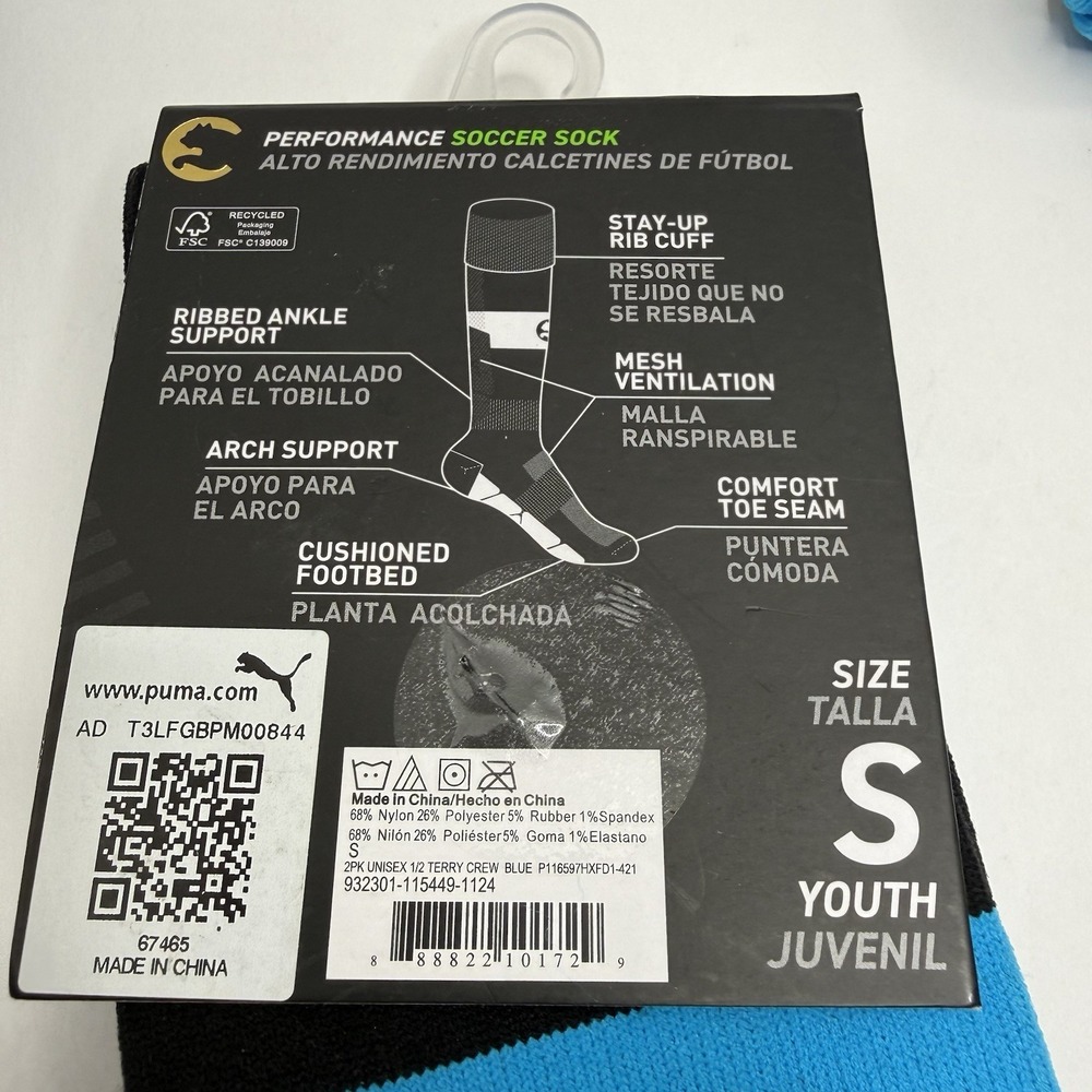 Puma Youth Soccer Socks 6 Pairs Blue Black Size S Small Shoe 11-13 Crew Bundle - Picture 4 of 4